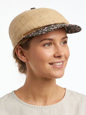 Vintage Laura Ashley Straw Baseball Cap Hat Tan Floral Fabric Bill Lightweight